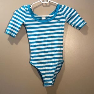 blue and white striped bodysuit